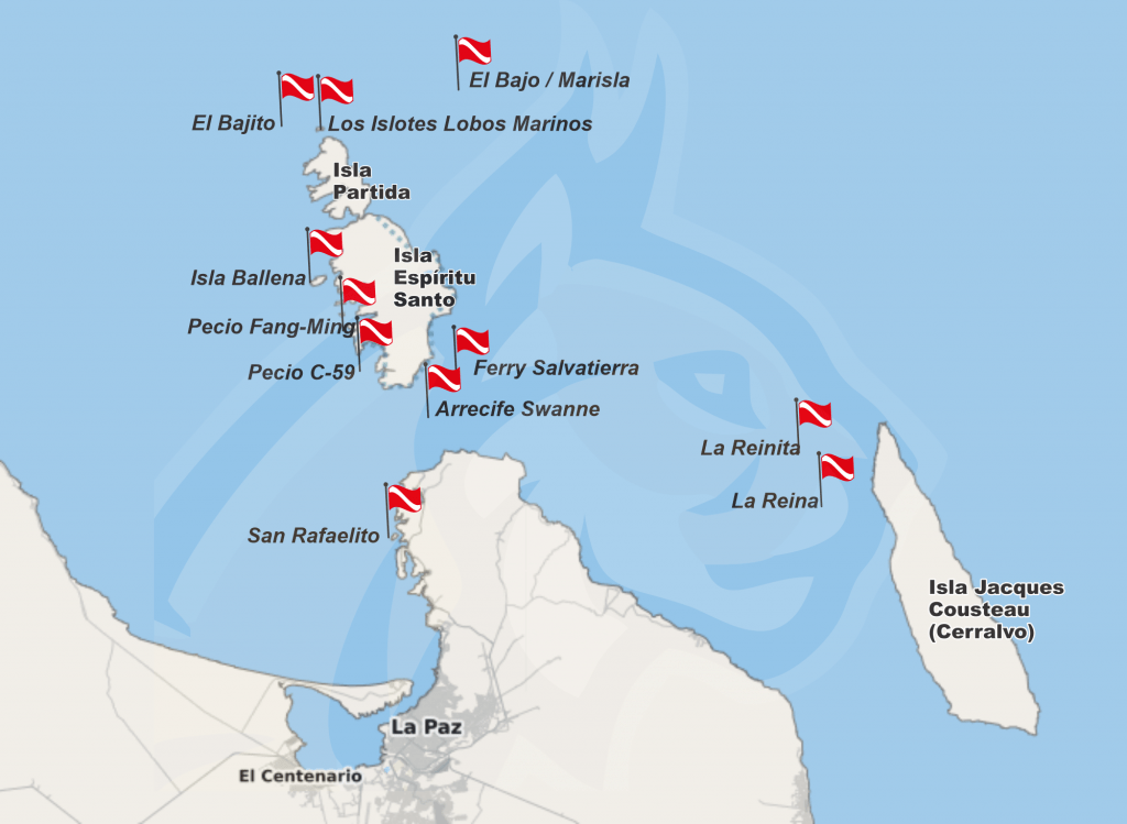 Mapa de Sitios de Buceo en La Paz, Baja California Sur - El Bajo, el Bajito, Los Islotes, Pecios, Arrecifes, La Reina, La Reinita